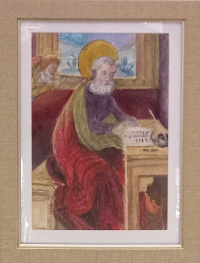 Святой Дух диктует Святому Матфею. Масляная краска. От: Иероним: Expositio Evangelii secundum Matthaeum. Австрийская национальная библиотека.corvina.hu/en/corvina/virtual-corvinas/cod930-en/